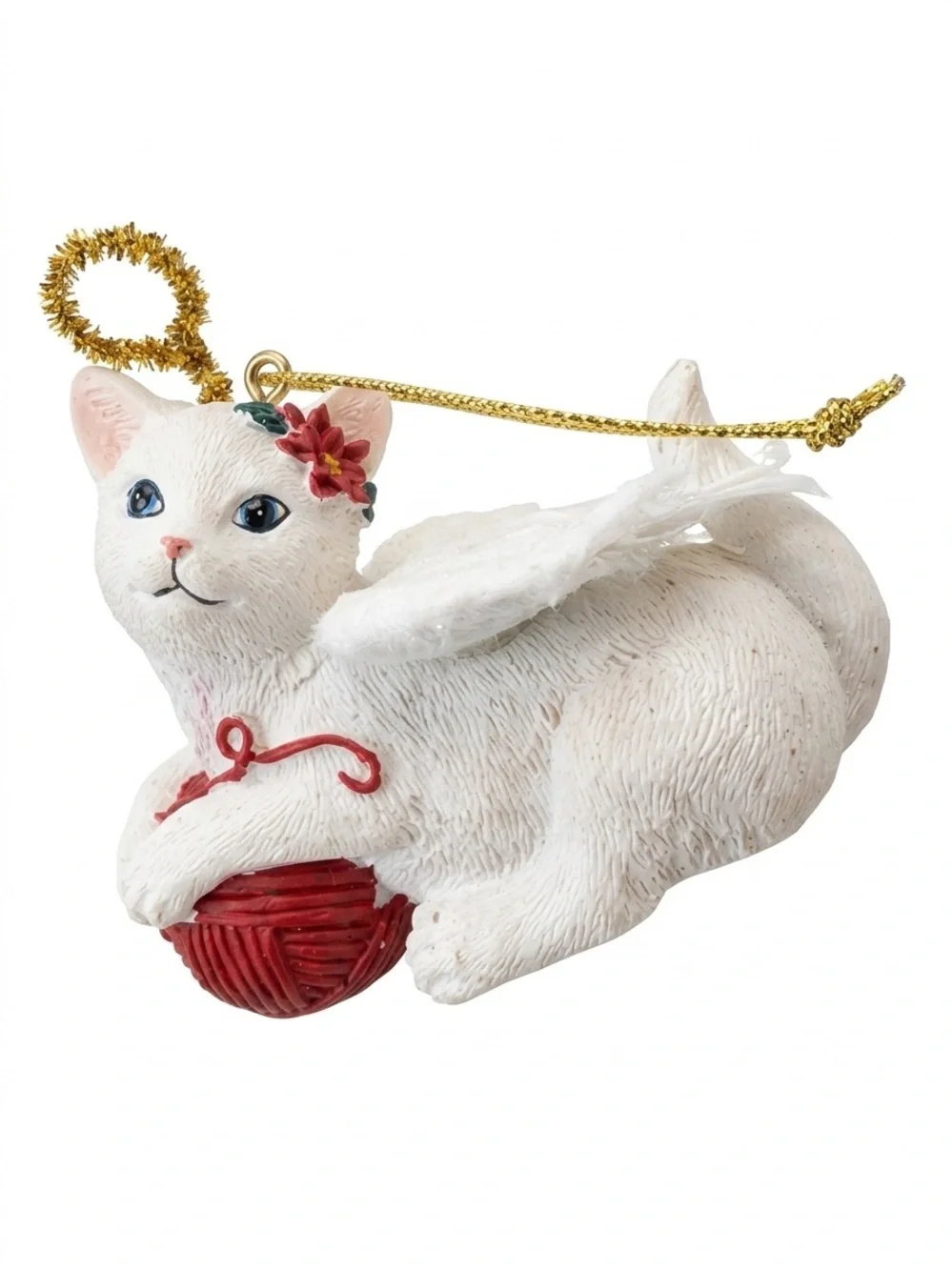 Vintage White Cat with Wings Red Ball of Yarn Ceramic Christmas Ornament 3”